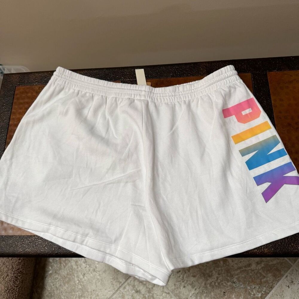 NWT VS PINK white fleece rainbow print logo campus sweat shorts XXL